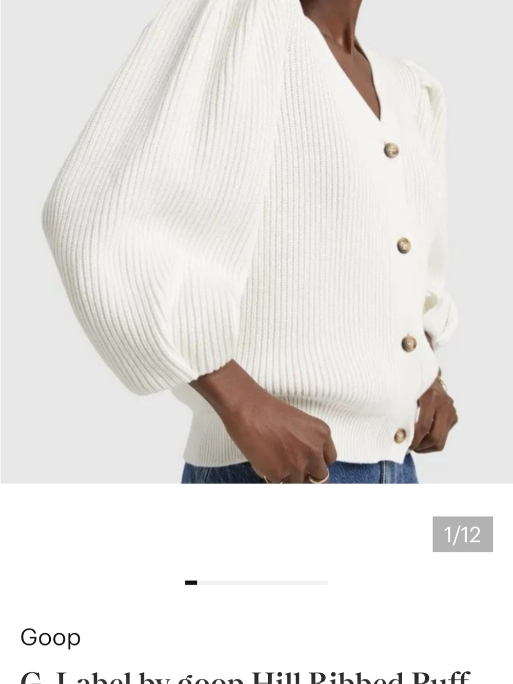 G. Label by Goop Hill Ribbed Puff-Sleeve Cardigan in Cream